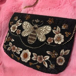 MARY FRANCES Queen Bee Black Floral Beaded Clutch like new